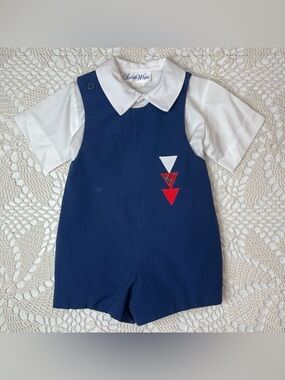 Vintage 1980s Sylvia Whyte Boys 3t Navy Nautical Flag Jonjon Romper Classy Set